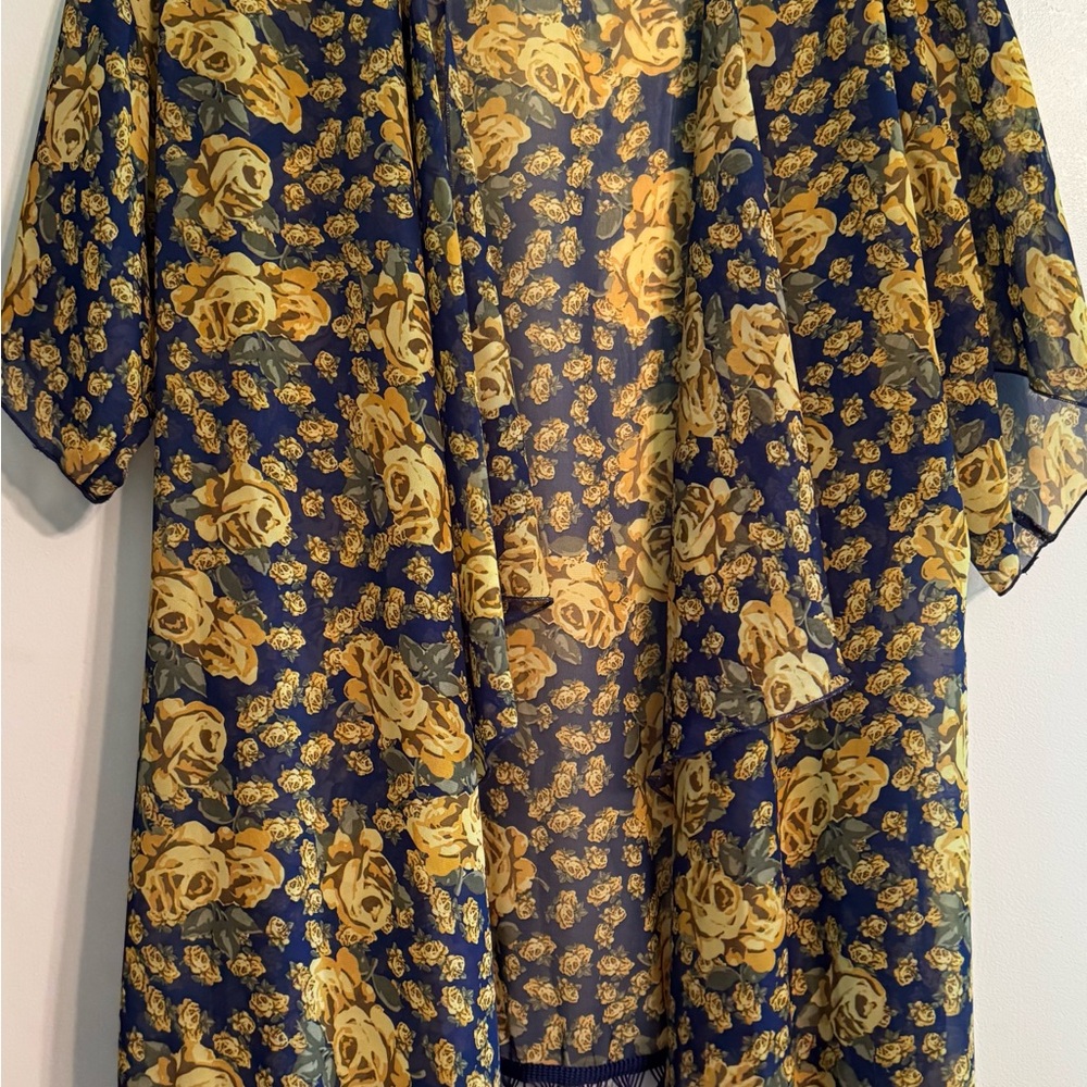 LuLaRoe Blue Kimono with Yellow Floral Design EUC size L